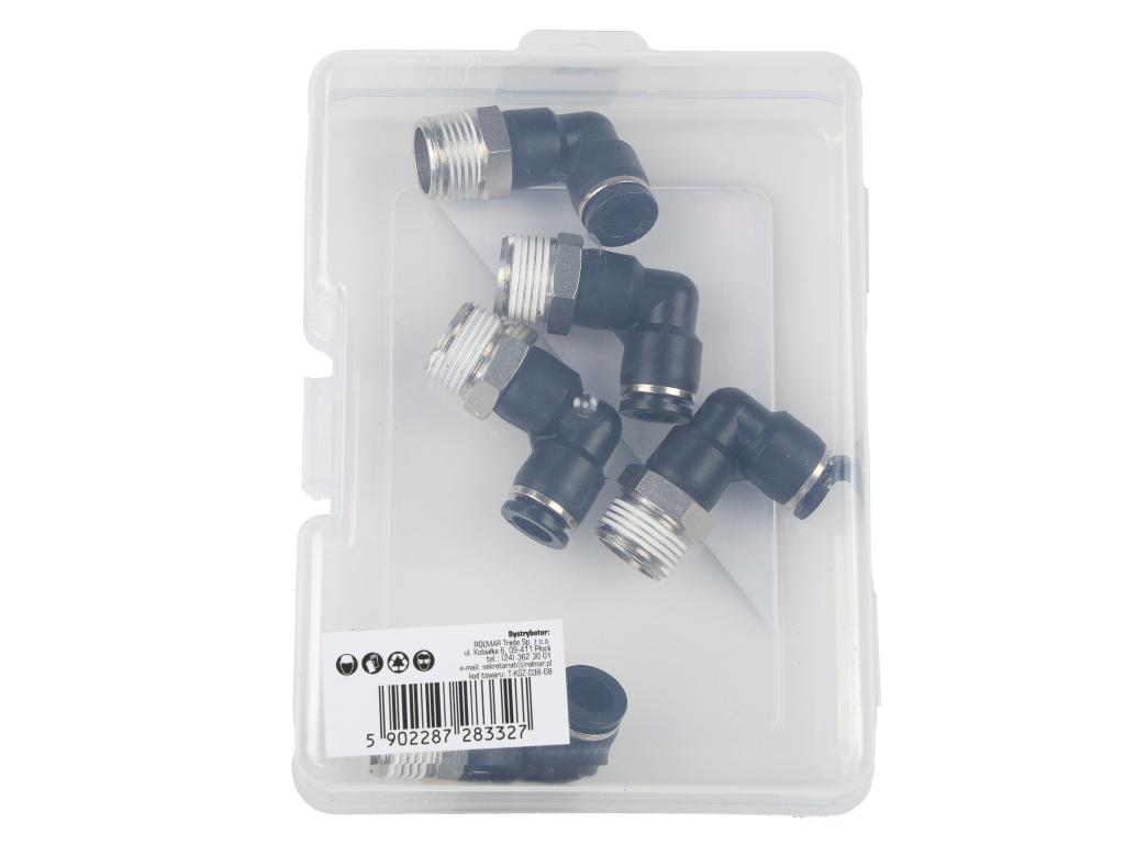 Kolanko wtykowe tekalan (90 stopni) z gwintem zewnętrznym (teflon) 8mm x 3/8" TEGER, (sprzedawane po 5)