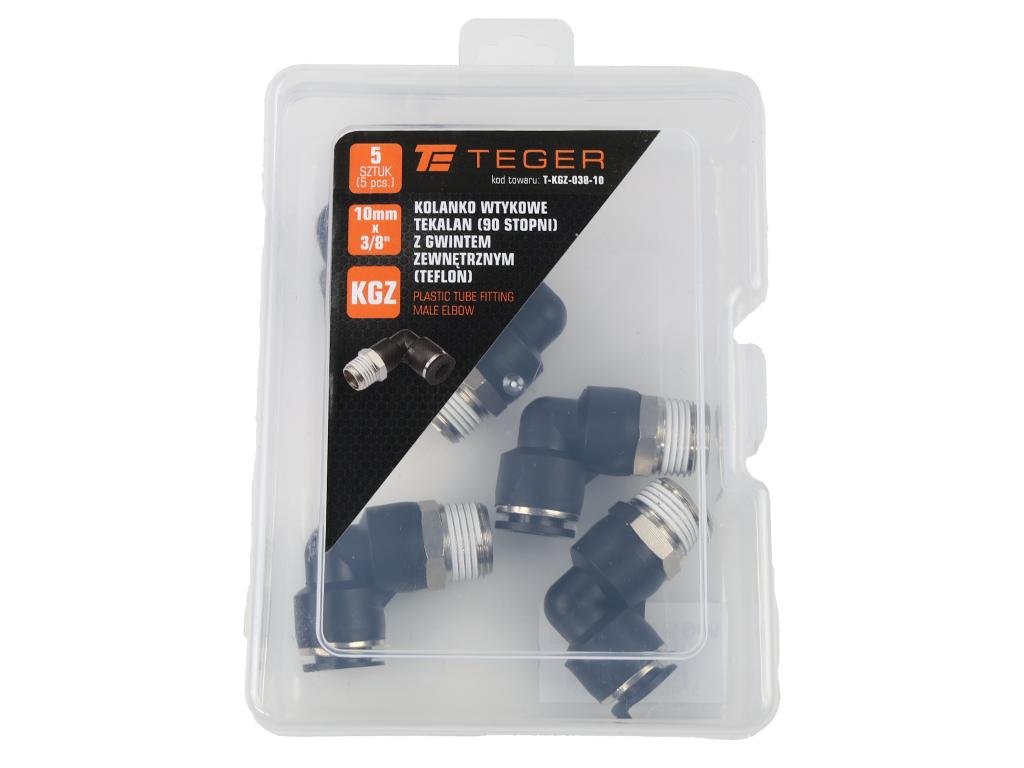 Kolanko wtykowe tekalan (90 stopni) z gwintem zewnętrznym (teflon) 10mm x 3/8" TEGER, (sprzedawane po 5)
