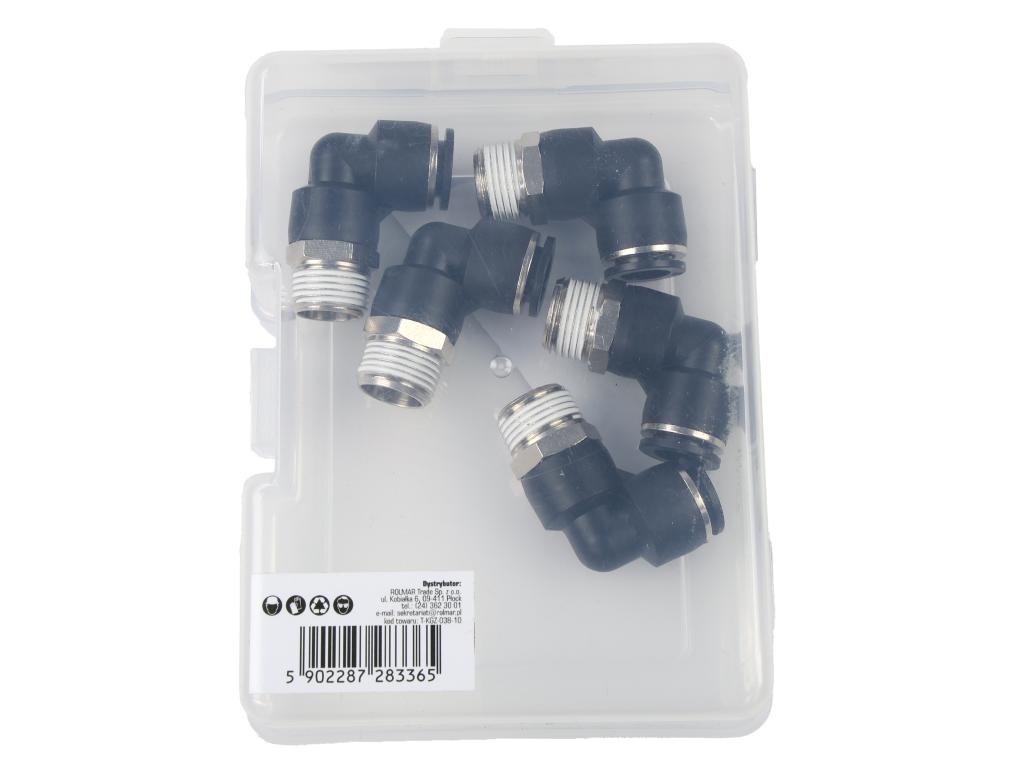 Kolanko wtykowe tekalan (90 stopni) z gwintem zewnętrznym (teflon) 10mm x 3/8" TEGER, (sprzedawane po 5)