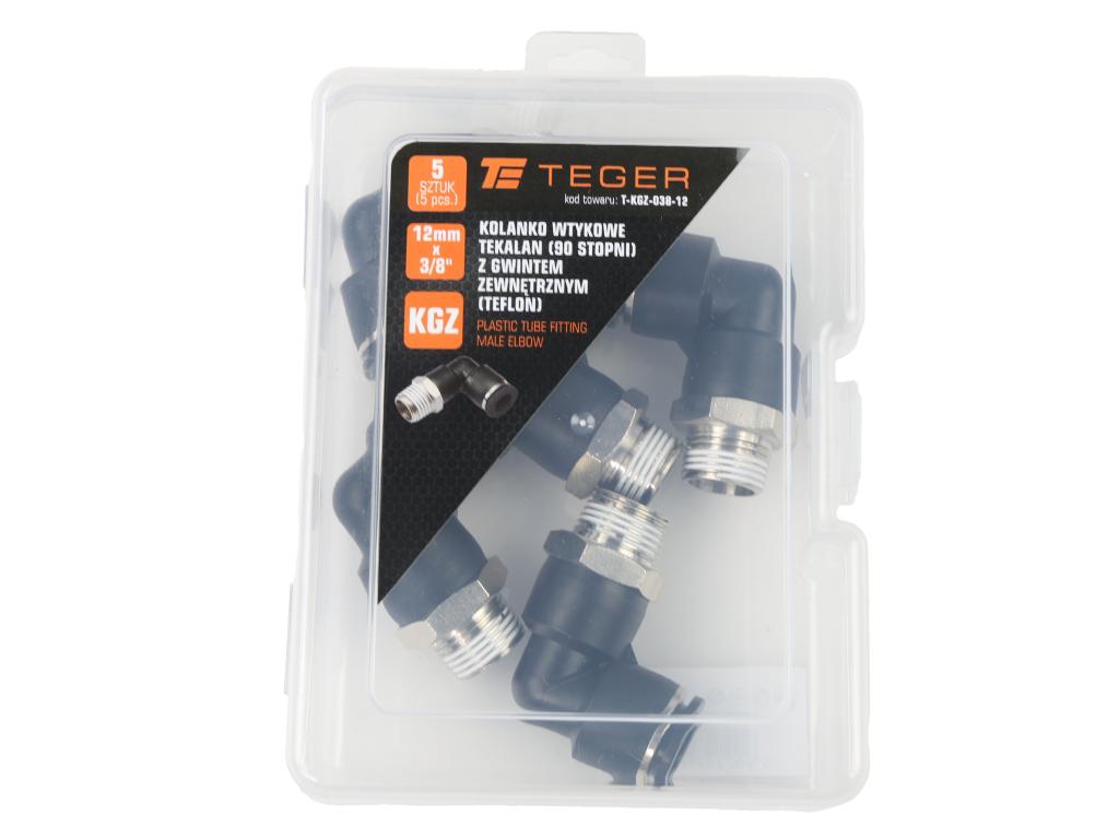 Kolanko wtykowe tekalan (90 stopni) z gwintem zewnętrznym (teflon) 12mm x 3/8" TEGER, (sprzedawane po 5)