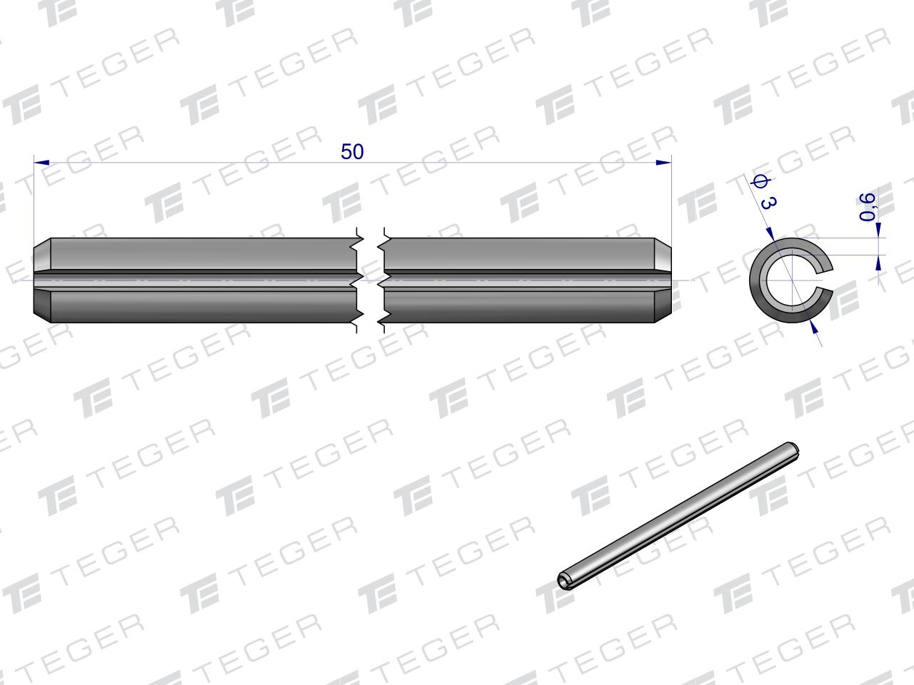 Kołek sprężysty 3x50 TEGER, (sprzedawane po 10)
