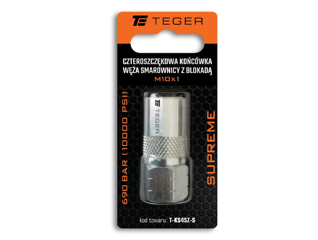 Czteroszczękowa końcówka węża smarownicy z blokadą M10x1. 690 BAR (10000 PSI) Supreme TEGER