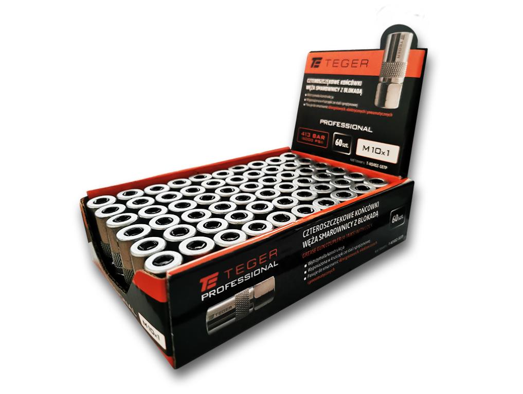 Zestaw w ekspozytorze czteroszczękowych końcówek węża smarownicy z blokadą M10x1. 413 BAR (6000 PSI) Professional TEGER (sprzedawane po 60 szt.)