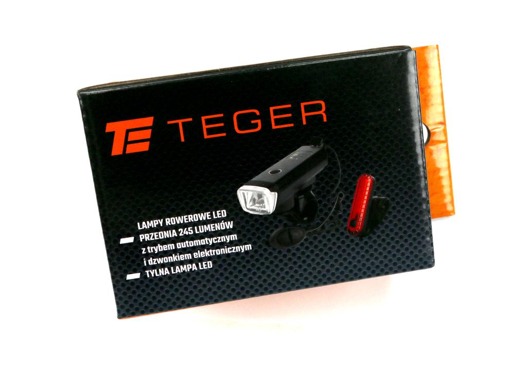 Zestaw lamp rowerowych, latarka LED przednia 2000 mAh i latarka LED tylna 150mAh ładowane USB z klaksonem Teger