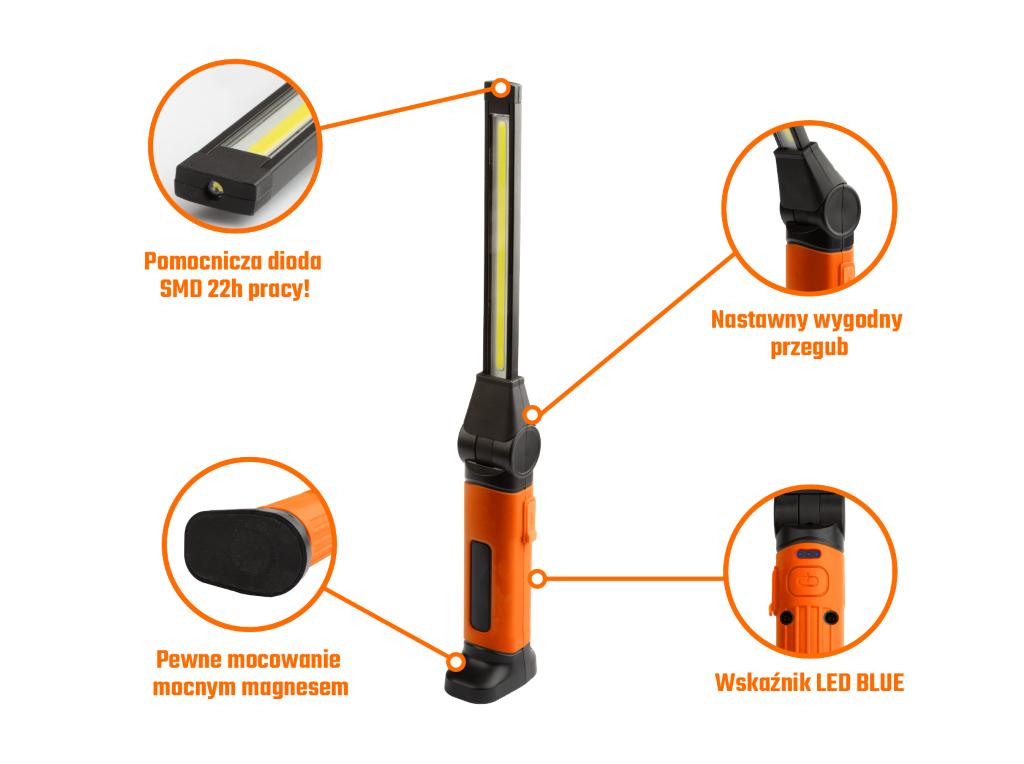 Lampa warsztatowa, LED COB łamana z przegubem 1120lm 4000 mAh, Teger