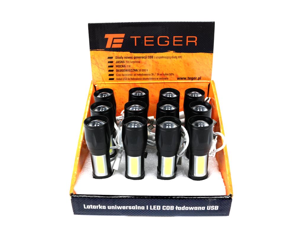 Latarka uniwersalna LED COB 200 lm ładowana USB sprzedawana po 12 szt w kartoniku ekspozycyjnym Teger