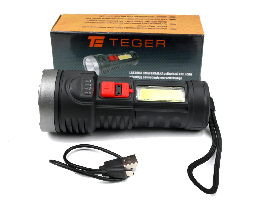 Latarka uniwersalna obudowa z ABS diody LED XPE COB 250 lm z funkcją warsztatową ładowana USB Teger