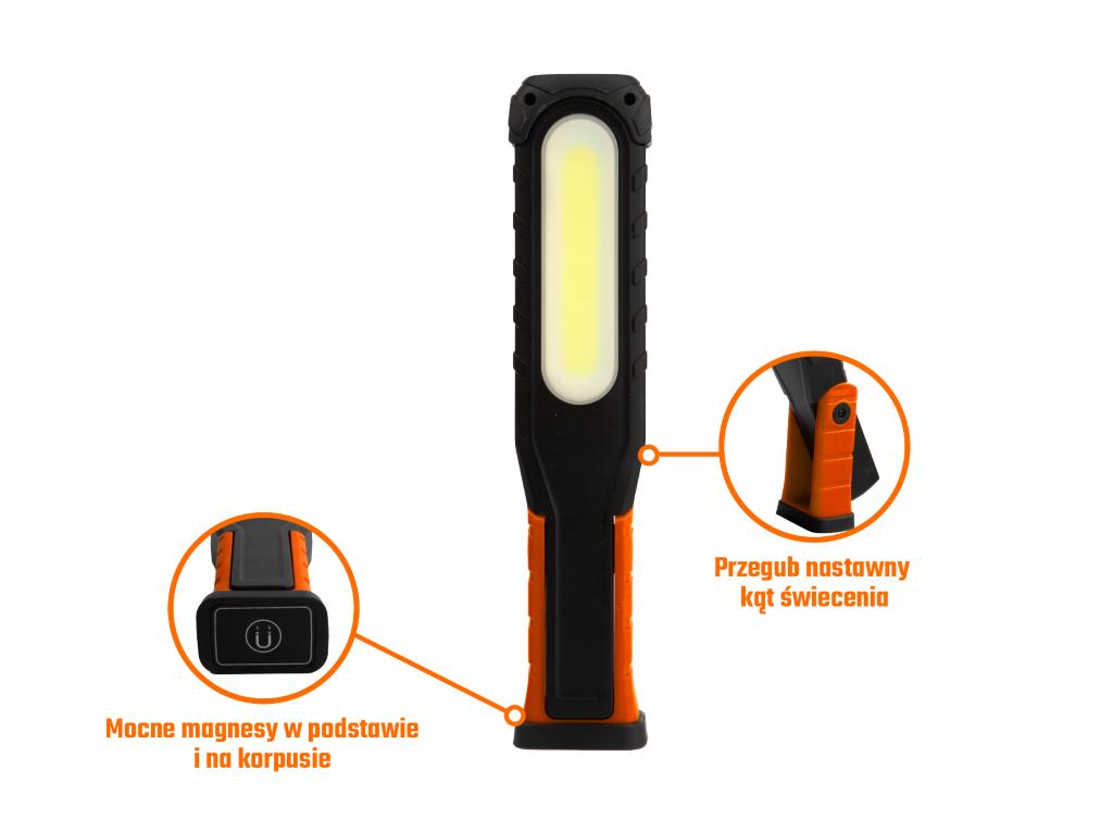 Lampa warsztatowa, latarka LED COB XPG wzmocniona obudowa 1100lm 5000 mAh, z powerbankiem, Teger