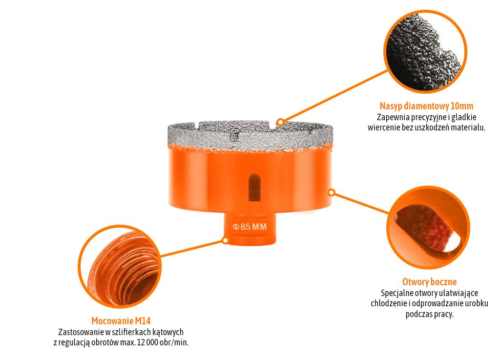 Otwornica diamentowa z uchwytem M14/85 mm / TEGER