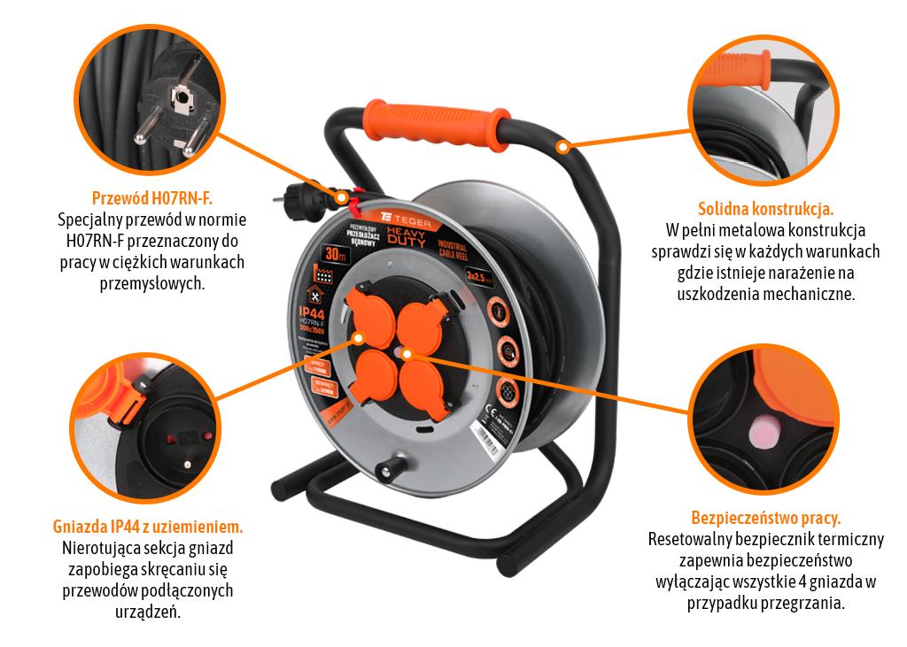 Przedłużacz bębnowy, przemysłowy HEAVY DUTY, 3X2,5mm, IP44, H07RN-F, cert. CE / 30M, Teger