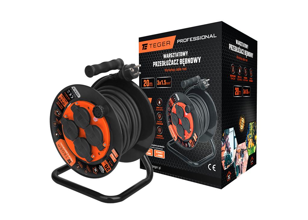 Przedłużacz bębnowy, warsztatowy PROFESSIONAL, 3X1,5mm, IP44, H05RR-F, cert. CE / 20M, Teger