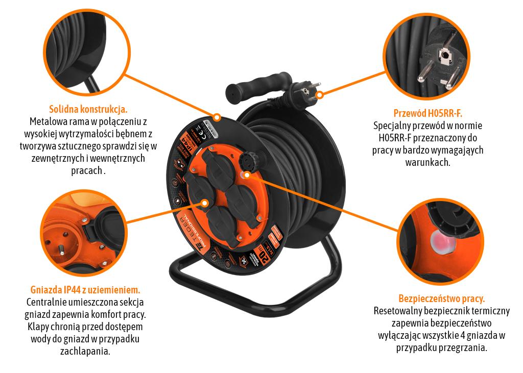 Przedłużacz bębnowy, warsztatowy PROFESSIONAL, 3X1,5mm, IP44, H05RR-F, cert. CE / 20M, Teger