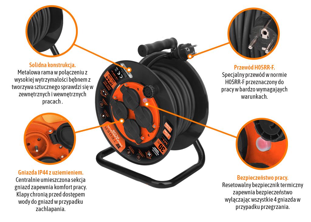 Przedłużacz bębnowy, warsztatowy PROFESSIONAL, 3X2,5mm, IP44, H05RR-F, cert. CE / 30M, Teger
