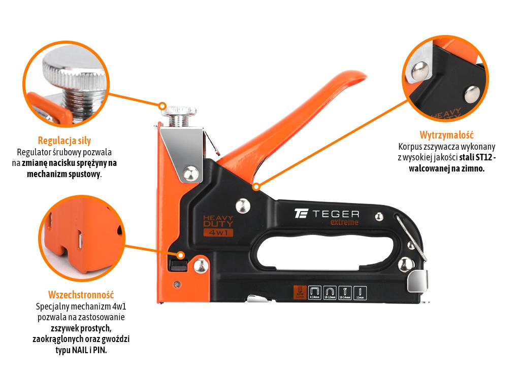 Zszywacz tapicerski HEAVY DUTY 4w1 (typ G/140, S28, NAIL, PIN) / 4-14mm Extreme / TEGER