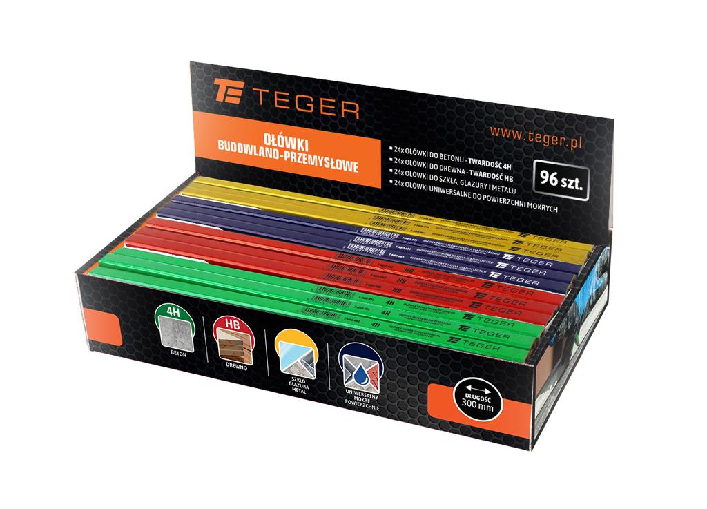 Zestaw ołówków w ekspozytorze / 300mm (24x murarski, 24x stolarski, 24x do szkła glazury i metalu, 24x do mokrych powierzchni) (sprzedawane po 96 szt)