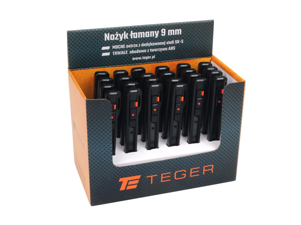 Nożyk łamany, ostrze 9mm ze stali SK2 w obudowie z tworzywa ABS sprzedawane w kartoniku ekspozycyjnym, (sprzedawane po 24), Teger