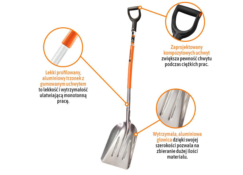 Łopata aluminiowa gospodarcza - uniwersalna - wąska, (290/380/1380mm), Teger