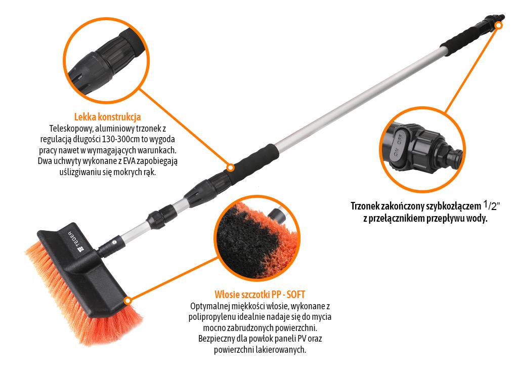 Szczotka teleskopowa - przepływowa (dł. 130-300cm) / włosie PP / TEGER