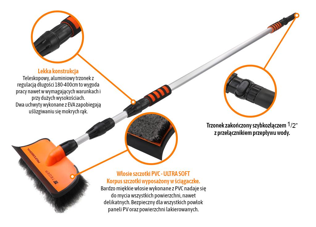 Szczotka teleskopowa - przepływowa ze ściągaczką PROFESSIONAL - LONG (dł. 180-400cm) / miękkie włosie PVC / TEGER 