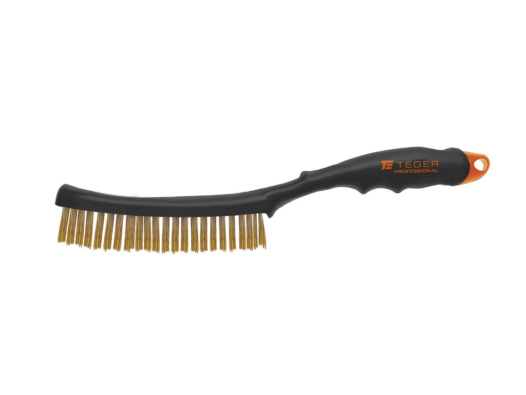 Szczotka druciana do rdzy PROFESSIONAL , drut mosiężny / 3 rzędowa, z plastikową rączką, Teger