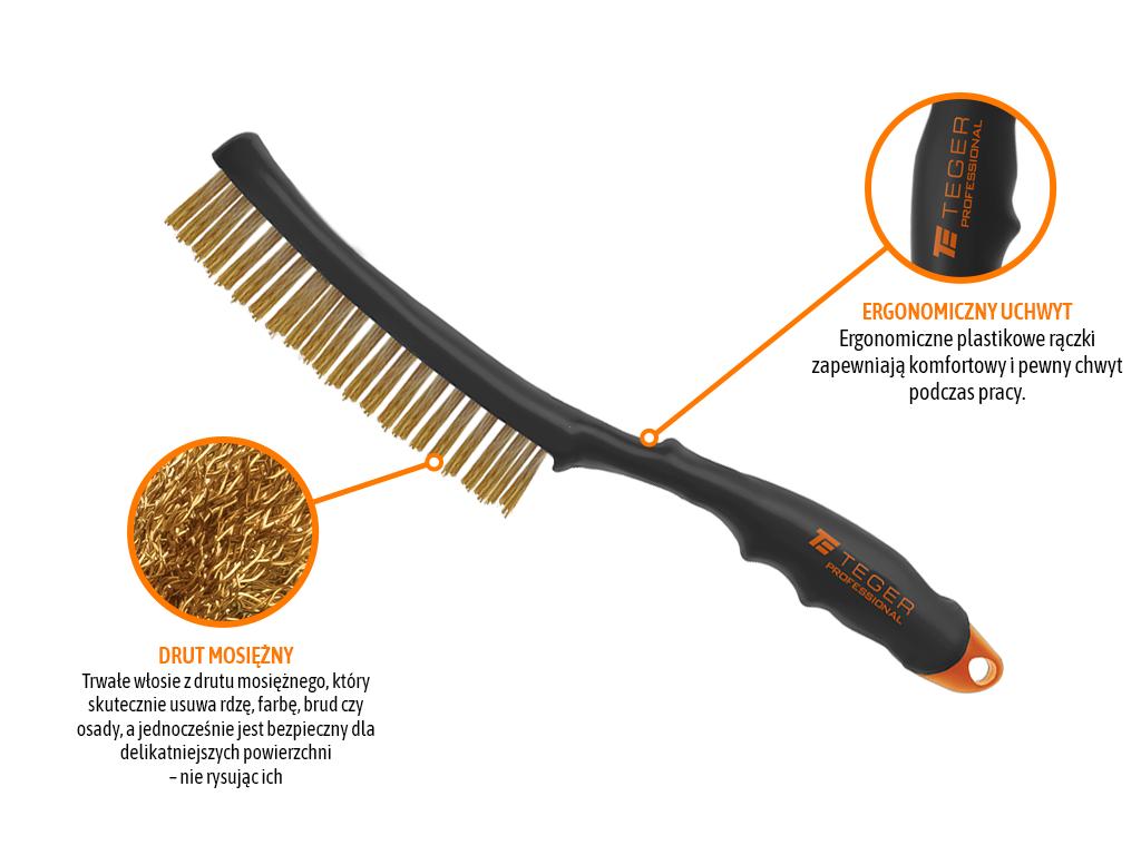 Szczotka druciana do rdzy PROFESSIONAL , drut mosiężny / 3 rzędowa, z plastikową rączką, Teger