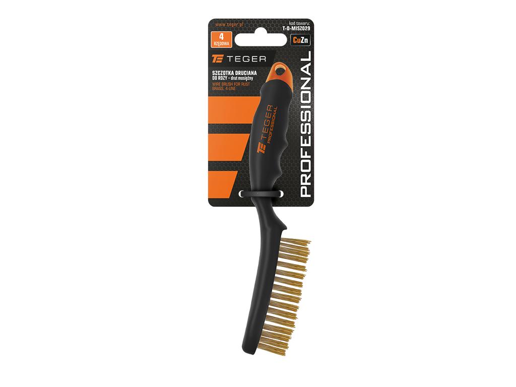 Szczotka druciana do rdzy PROFESSIONAL , drut mosiężny / 4 rzędowa, z plastikową rączką, Teger