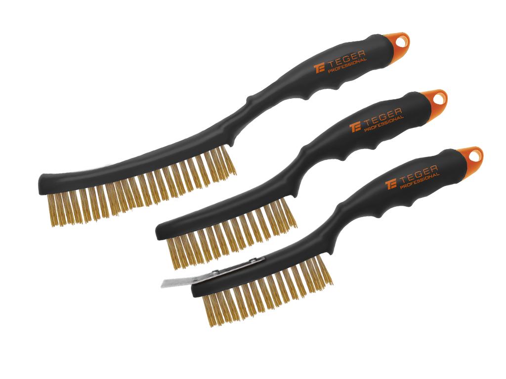 Zestaw szczotek drucianych do rdzy PROFESSIONAL, drut mosiężny, 3 / 4 rzędowa, ze skrobakiem, z plastikową rączką, (3 szt), Teger