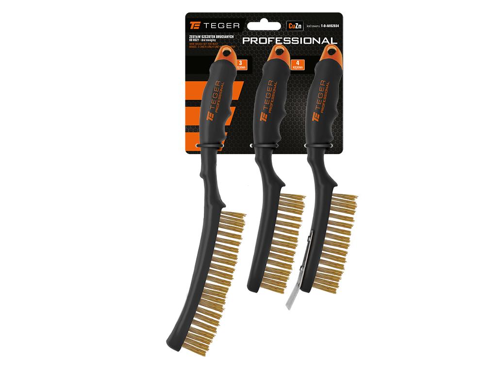 Zestaw szczotek drucianych do rdzy PROFESSIONAL, drut mosiężny, 3 / 4 rzędowa, ze skrobakiem, z plastikową rączką, (3 szt), Teger