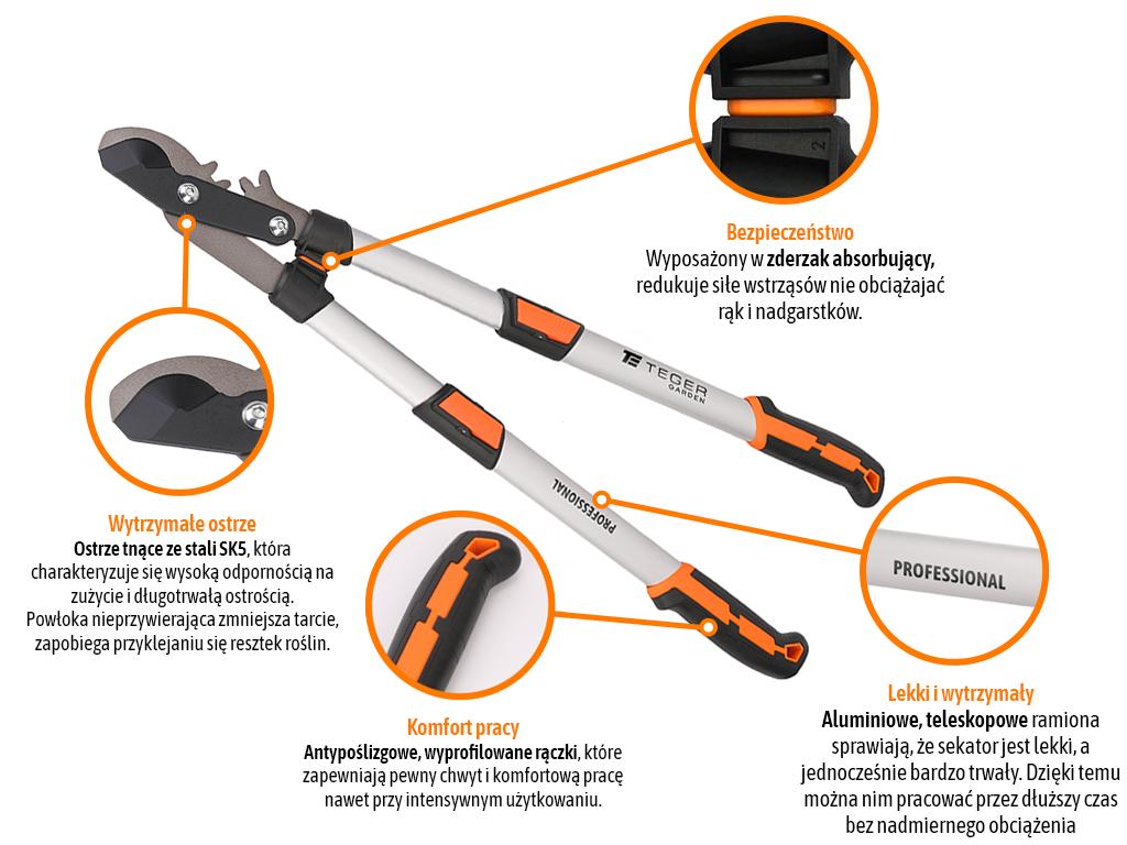 Sekator nożycowy PROFESSIONAL - dwuręczny teleskopowy, aluminiowy, Teger