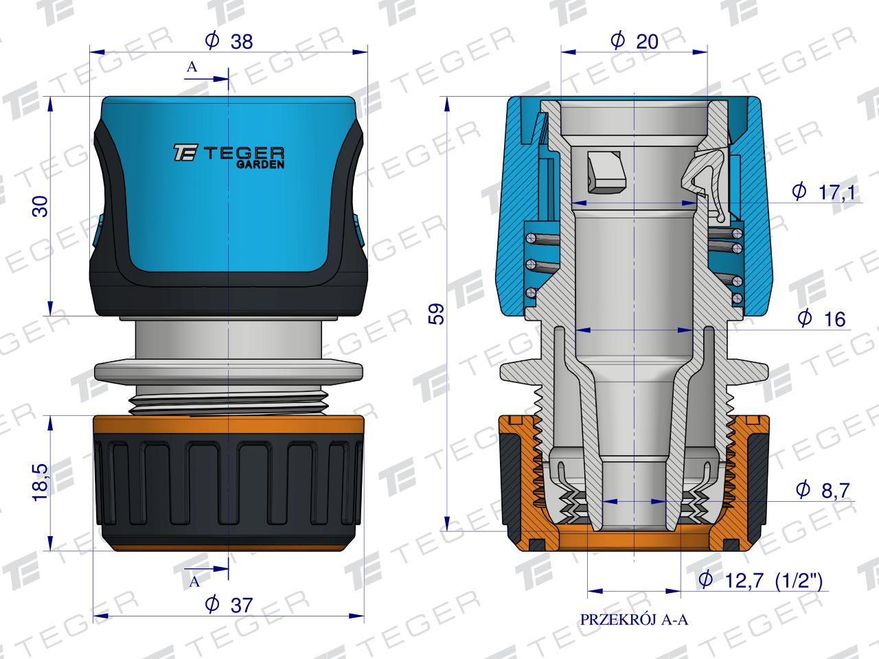 Szybkozłączka 1/2"  - bez waterstop / TEGER