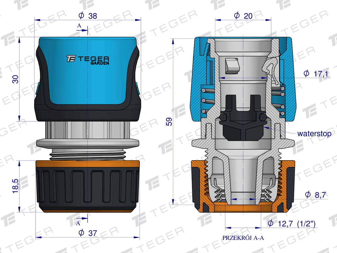 Szybkozłączka 1/2"  - z waterstop / TEGER