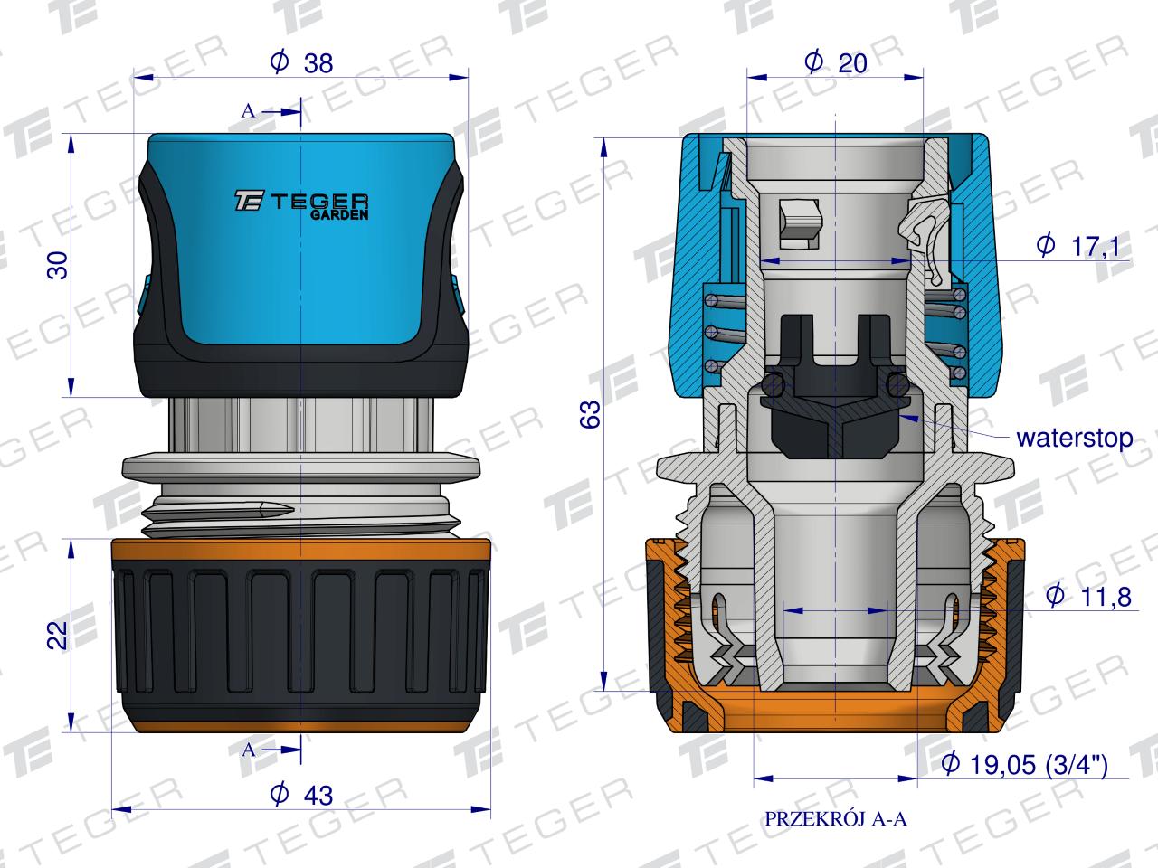 Szybkozłączka 3/4"  - z waterstop / TEGER