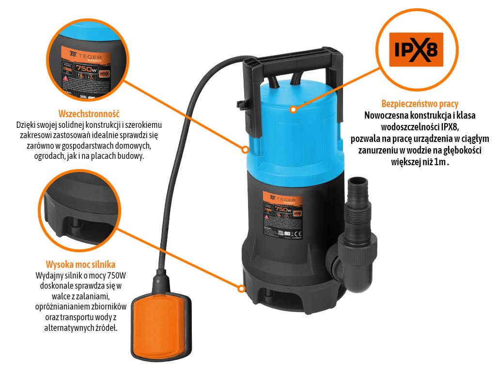 Pompa zanurzeniowa do wody czystej i brudnej 750W, (włącznik pływakowy), TEGER