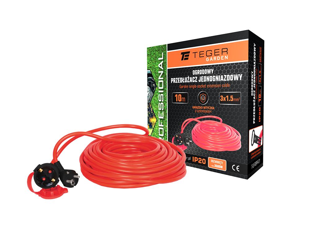 Przedłużacz jednogniazdowy, ogrodowy PROFESSIONAL, 3X1,5mm, IP20, H05VV-F, z uziemieniem, cert. CE / 10M, Teger