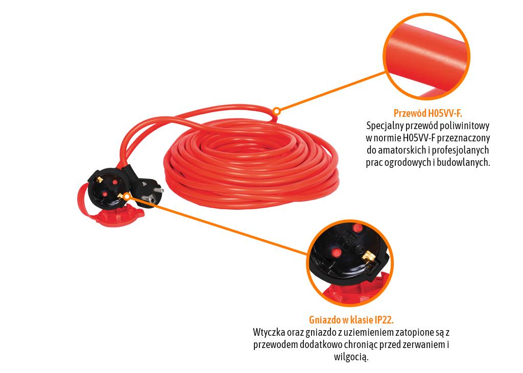 Przedłużacz jednogniazdowy, ogrodowy PROFESSIONAL, 3X1,5mm, IP20, H05VV-F, z uziemieniem, cert. CE / 10M, Teger