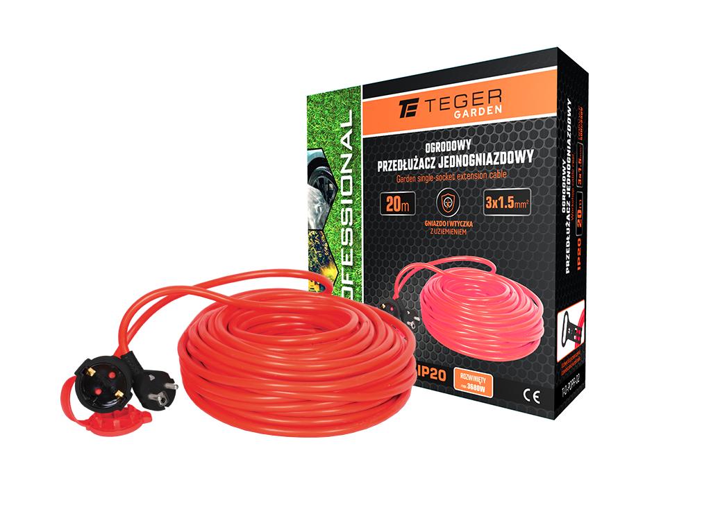 Przedłużacz jednogniazdowy, ogrodowy PROFESSIONAL, 3X1,5mm, IP20, H05VV-F, z uziemieniem, cert. CE / 20M, Teger