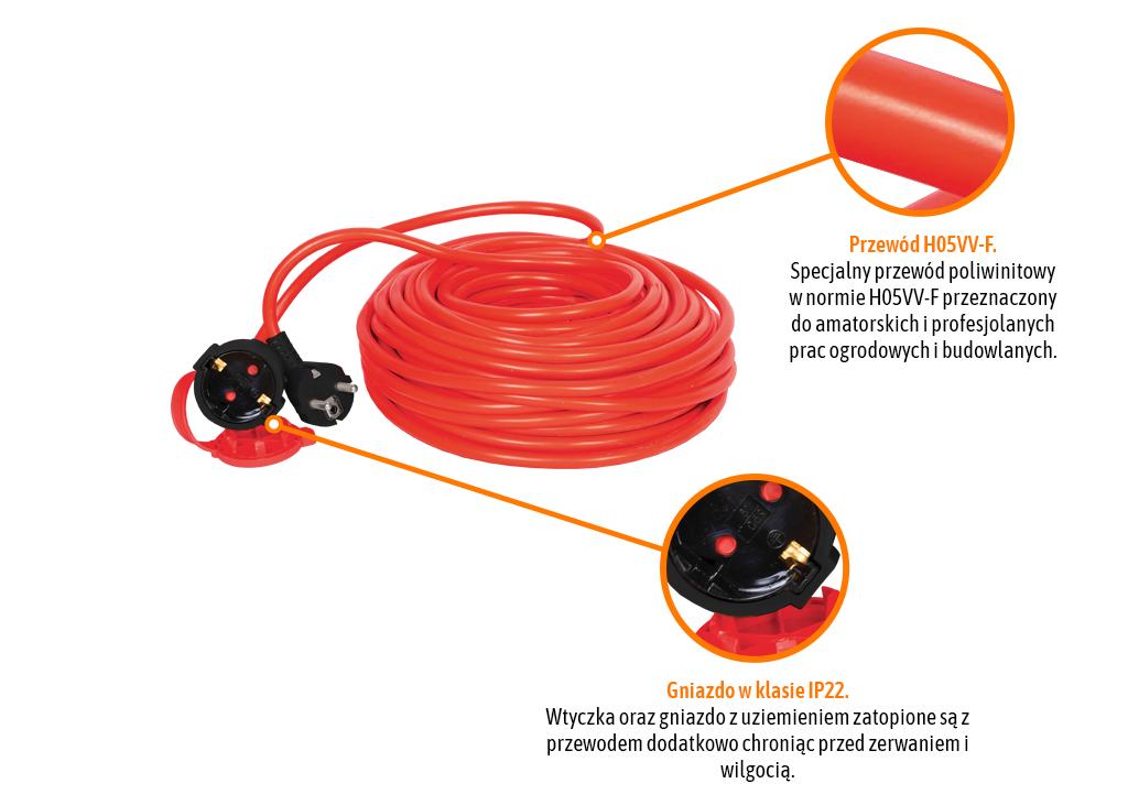 Przedłużacz jednogniazdowy, ogrodowy PROFESSIONAL, 3X1,5mm, IP20, H05VV-F, z uziemieniem, cert. CE / 20M, Teger