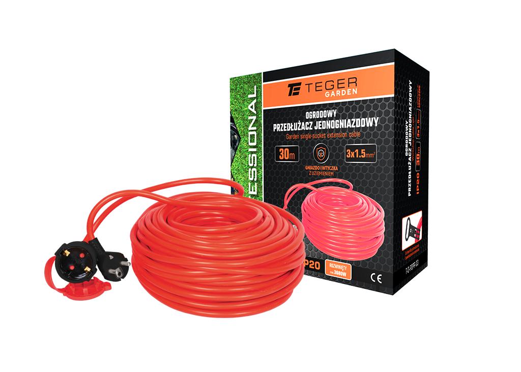Przedłużacz jednogniazdowy, ogrodowy PROFESSIONAL, 3X1,5mm, IP20, H05VV-F, z uziemieniem, cert. CE / 30M, Teger