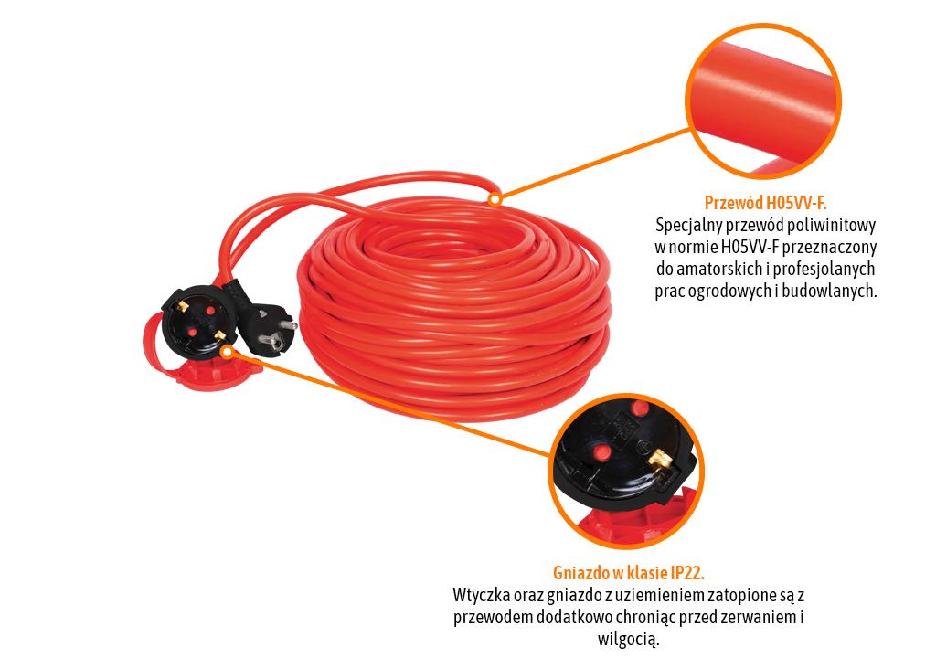 Przedłużacz jednogniazdowy, ogrodowy PROFESSIONAL, 3X1,5mm, IP20, H05VV-F, z uziemieniem, cert. CE / 30M, Teger
