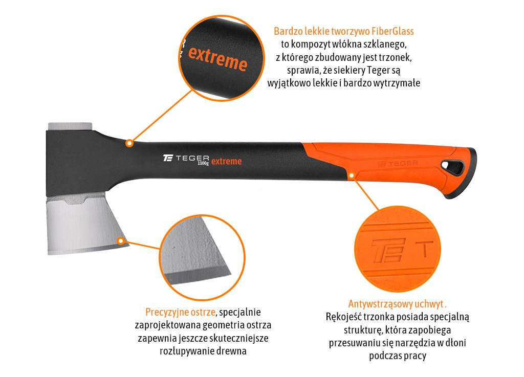 Siekiera uniwersalna z trzonkiem fiberglass 1100g Extreme / TEGER