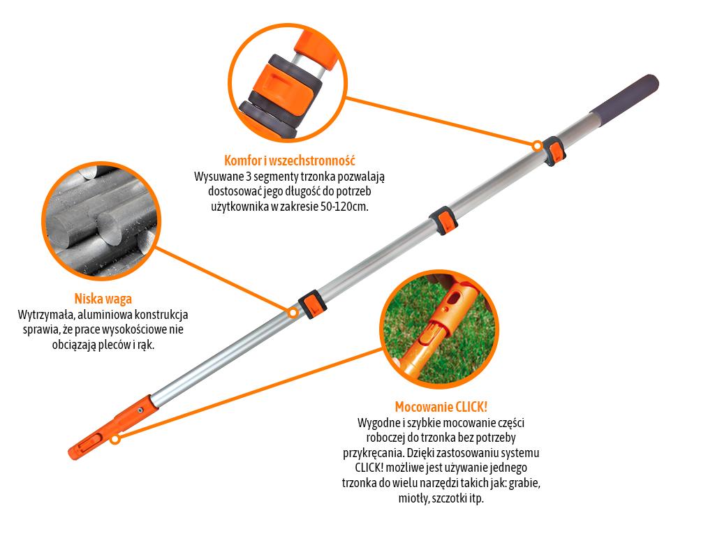 Trzonek aluminiowy - teleskopowy, 120 cm (mocowanie CLICK), Teger