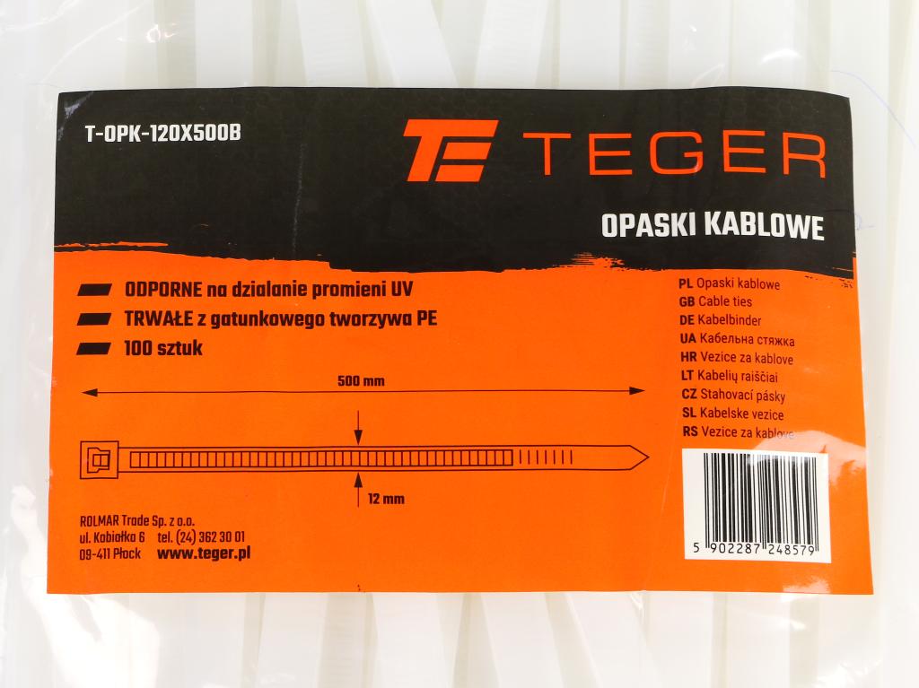 Opaski kablowe, opaska kablowa, opaski zaciskowe, tyrytytki, trytytki, 12.0 x 500mm 100 szt w worku transparentne odporne na UV, Teger