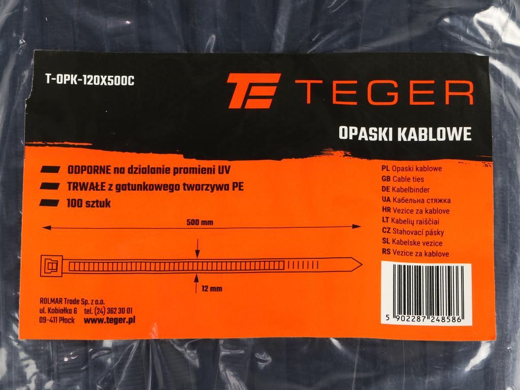 Opaski kablowe, opaska kablowa, opaski zaciskowe, tyrytytki, trytytki, 12.0 x 500mm 100 szt w worku czarne odporne na UV, Teger