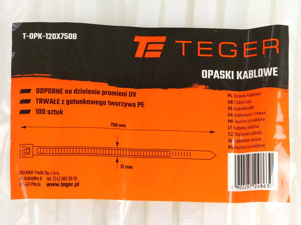 Opaski kablowe, opaska kablowa, opaski zaciskowe, tyrytytki, trytytki, 12.0 x 750mm 100 szt w worku transparentne odporne na UV, Teger