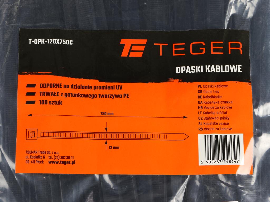 Opaski kablowe, opaska kablowa, opaski zaciskowe, tyrytytki, trytytki, 12.0 x 750mm 100 szt w worku czarne odporne na UV, Teger