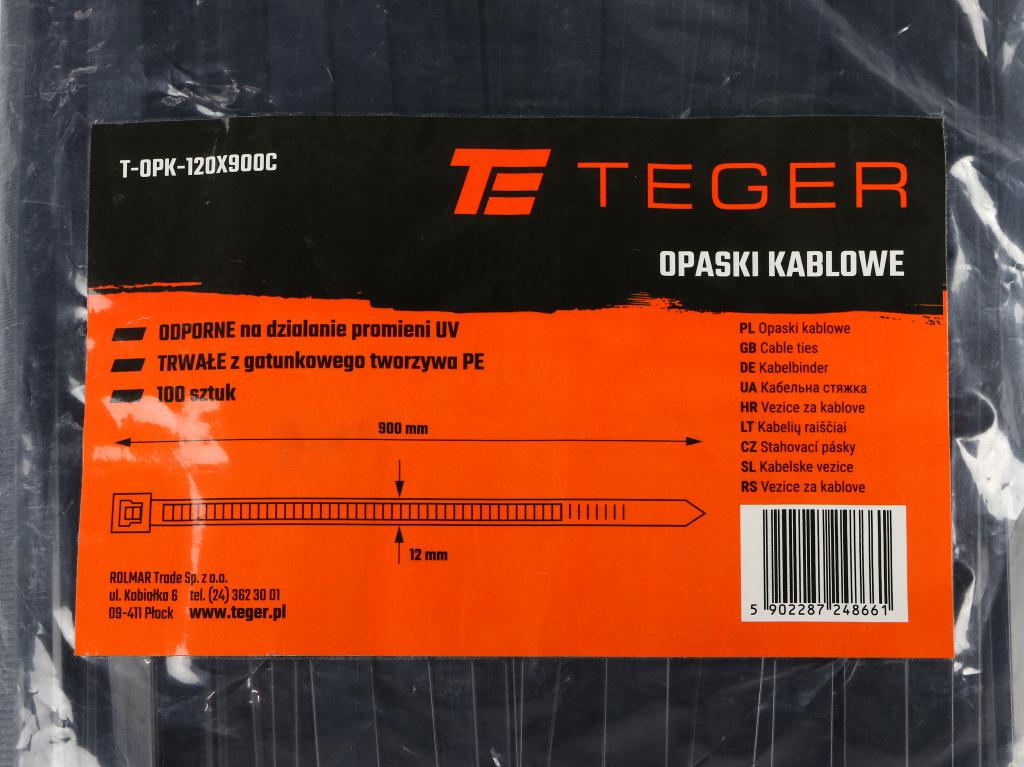 Opaski kablowe, opaska kablowa, opaski zaciskowe, tyrytytki, trytytki, 12.0 x 900mm 100 szt w worku czarne odporne na UV, Teger