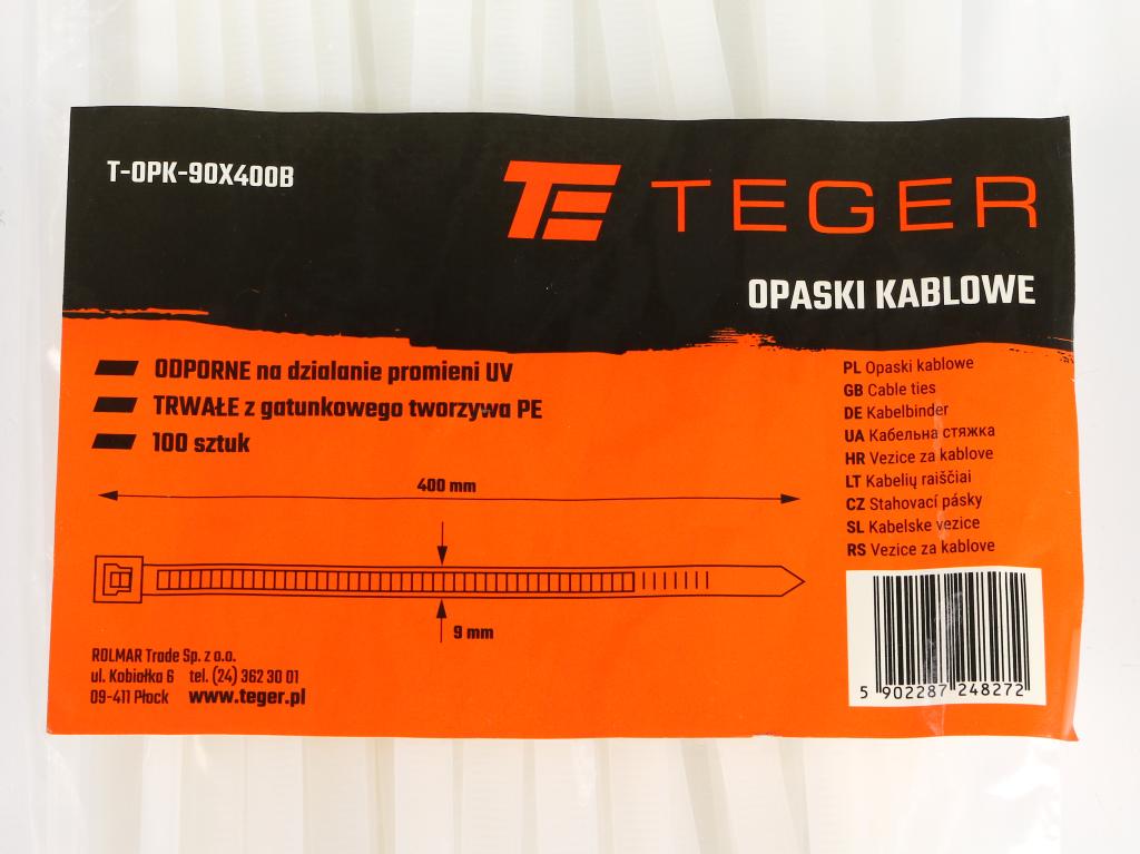 Opaski kablowe, opaska kablowa, opaski zaciskowe, tyrytytki, trytytki, 9.0 x 400mm 100 szt w worku transparentne odporne na UV, Teger