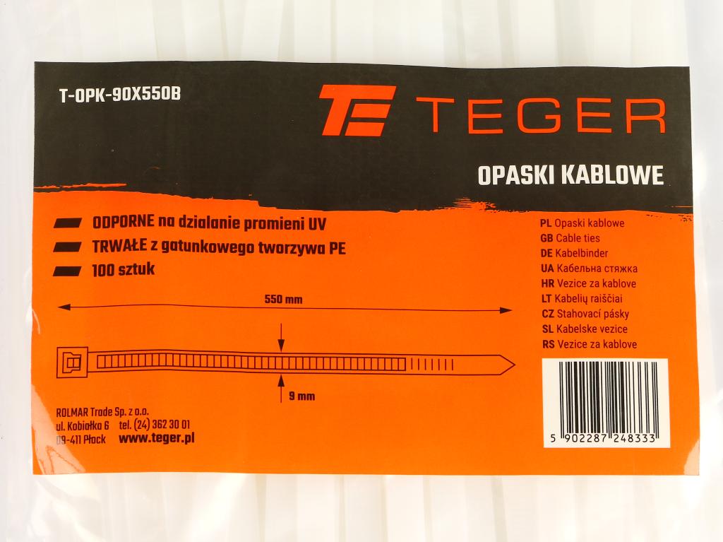 Opaski kablowe, opaska kablowa, opaski zaciskowe, tyrytytki, trytytki, 9.0 x 550mm 100 szt w worku transparentne odporne na UV, Teger