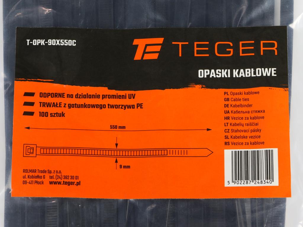 Opaski kablowe,opaska kablowa, opaski zaciskowe, tyrytytki, trytytki, 9.0 x 550mm 100 szt w worku czarne odporne na UV, Teger