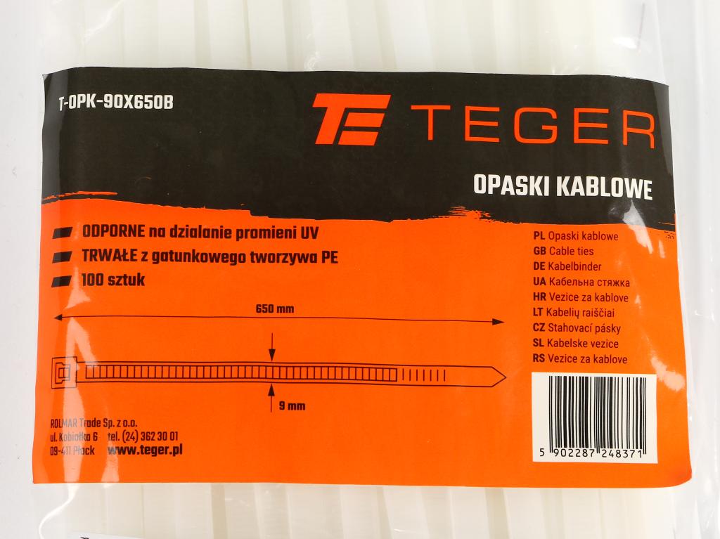 Opaski kablowe, opaska kablowa, opaski zaciskowe, tyrytytki, trytytki, 9.0 x 650mm 100 szt w worku transparentne odporne na UV, Teger